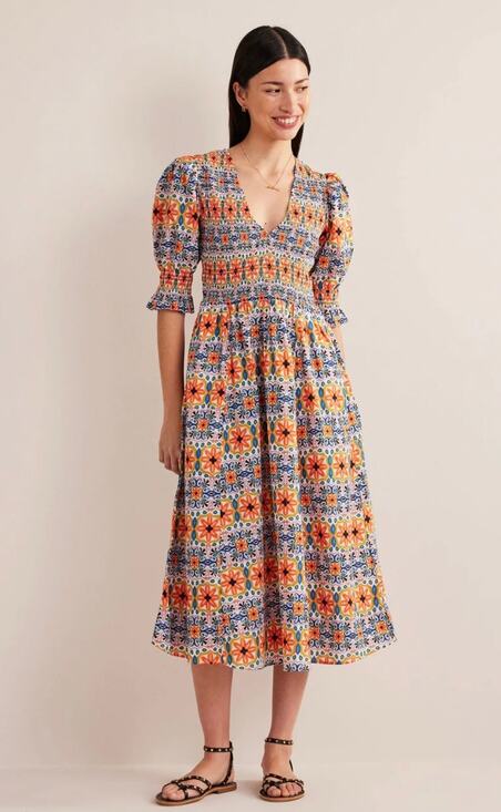 Boden Dresses & Skirts - Boden Smocked Bodice Midi Dress Colorful Cute Tapestry Stripe Puff Sleeves US6